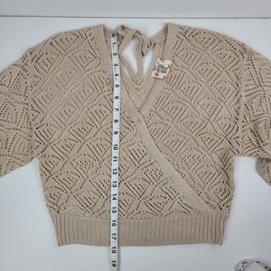 Hippie Rose Knit Faux Wrap Top Tan Fan Pattern Size see measurements Boho Beach